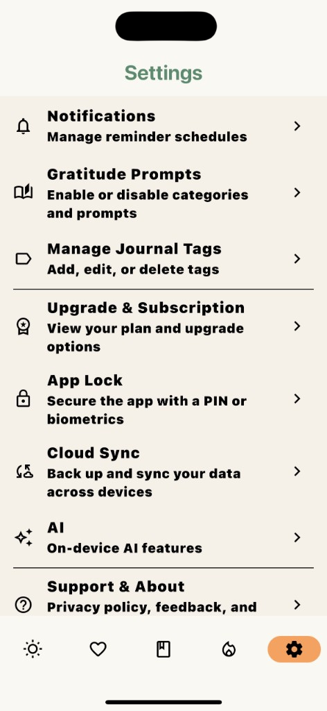 Settings screen with customization options